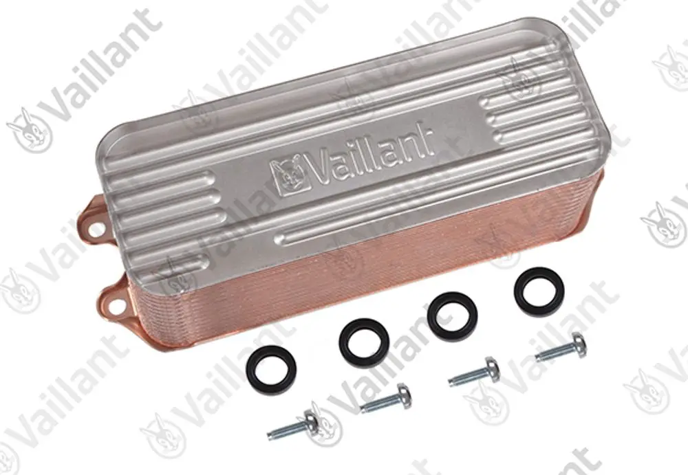 Vaillant Wärmetauscher mit mehreren Platten, sekundäres Teil mit Schrauben und Dichtungsringen, auf einem weißen Hintergrund.